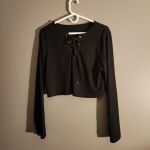 Black Lace-Up Long Sleeve Crop Top